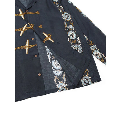 Kapital Silk Rayon Toggle Long Sleeve Open Collar Shirt (Maile Print)