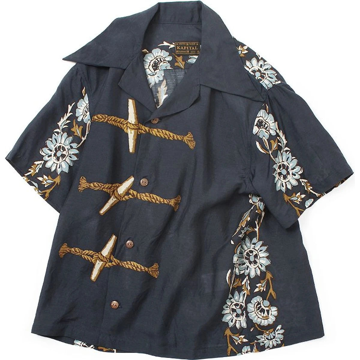 Kapital Silk Rayon Toggle Short Sleeve Open Collar Shirt (Maile Print) Ladies